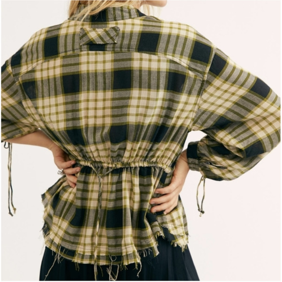NWT Free People Green Wool Blend Pacific Dawn Plaid Ruched Peplum Raw Hem Blouse - Picture 3 of 15